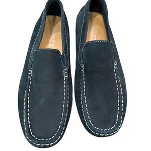 Spring Step Navy Suede Slip-On Loafers with White Stitching